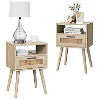 Nightstands Set of 2, Rattan Night Stand, Boho Nightstand with Drawer Open Storage, Modern Bed Side Table with Solid Wood Feet for Bedroom