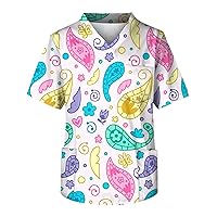 Mens Scrub Top 2024 Lounge Short Sleeve V Neck Plus Size Fruit & Cake Printed Stretchy Scrub Tops with Pockets S-5XL