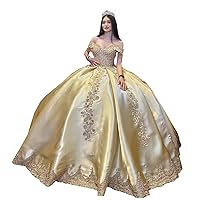 V Neck Off Shoulder Princess Crystal Sleeve Ball Gown Satin Prom Formal Dresses Lace Flowers 2024