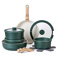 Country Kitchen 16 Piece Pots and Pans Set - Safe Nonstick Ceramic Coating Kitchen Cookware with Soft Touch Wooden Removable Handle, RV Cookware Set, Oven Safe (Sage)