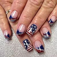 Independence Day Press on Nails Short Length 4th of July Fake Nails Square Glue on Nails American Flag Five-pointed Star Designs Silver Glitter French Tips False Nails Sparkly Manicure for Women Girls