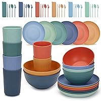 Beyoung Wheat Straw Dinnerware 6 Sets (54Pcs), Unbreakable MultiColor Eco Friendly Reusable Plates Bowls & Cups - Dishwasher, Microwave Safe, BPA free, Ideal for Family Dinner/Picnic/Camping