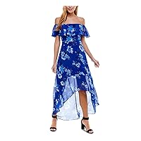 Womens Blue Zippered Ruffled Chiffon Floral Flutter Sleeve Off Shoulder Full-Length Cocktail Hi-Lo Dress Juniors S, Small Petite