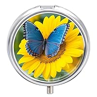 Round Pill Box Portable Pill Case for Pocket Sunflower Blue Butterfly Travel Small Pill Organizer 3 Compartment Metal Pill Container Holder for Medicine Vitamins Fish Oil Supplements