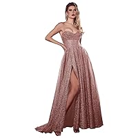 Sparkly Prom Dress for Women A Line Cowl Neck Formal Gown Side Slit Cocktail Dress with Pocket EV127