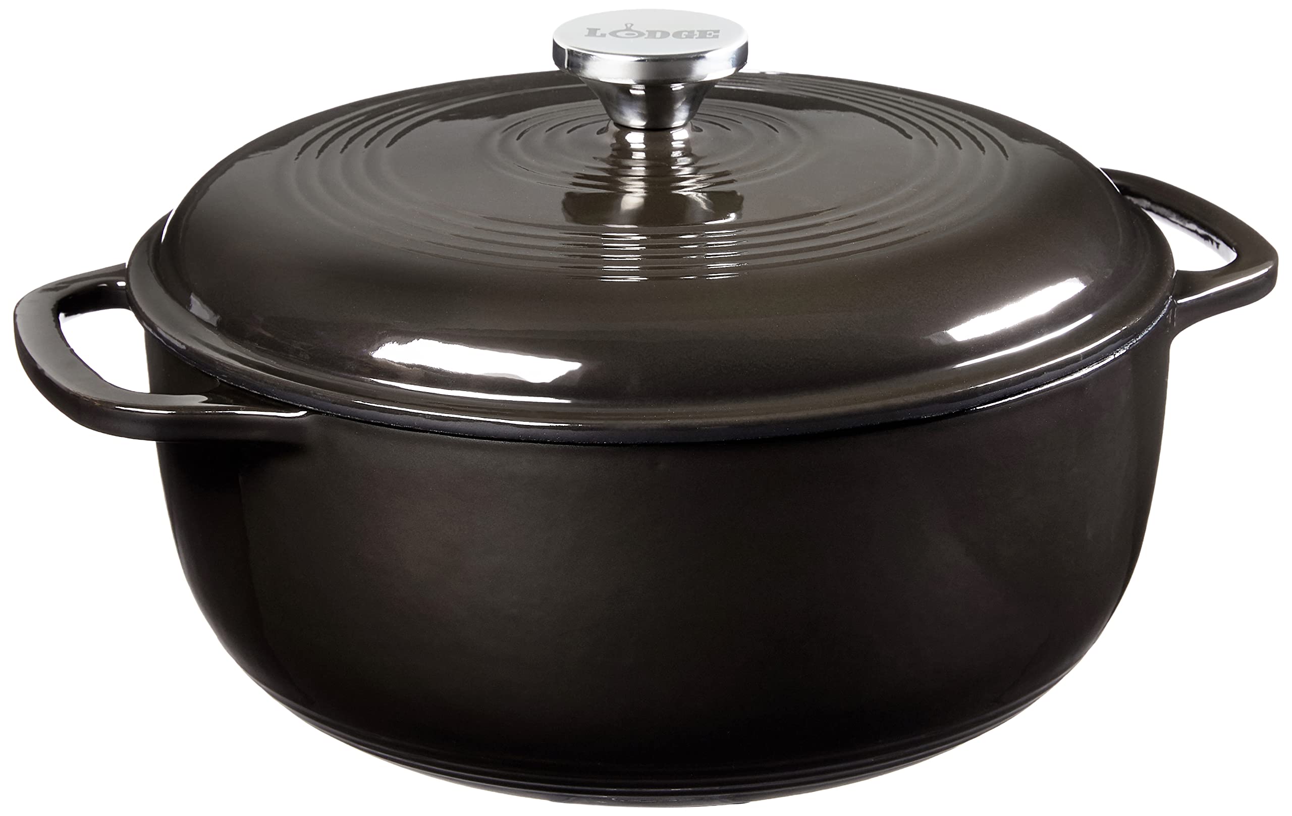 Lodge 6 Quart Enameled Cast Iron Dutch Oven with Lid – Dual Handles – Oven Safe up to 500° F or on Stovetop - Use to Marinate, Cook, Bake, Refrigerate and Serve – Midnight Chrome