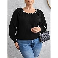 Casual Ladies Comfortable Plus Size Sweater Plus Pearls Beaded Raglan Sleeve Sweater Leisure Perfect Comfortable Eye-catching (Color : Black, Size : X-Large)