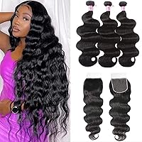 UNice Hair HD Lace Closure 5x5 Invisible Knots Lace Closure with 3 Bundles, Peruvian Body Wave 100% Human Virgin Hair with Transparent Lace Closure Natural Color 20 22 24+18 Closure