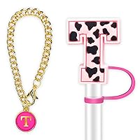 Pink Letter Straw Toppers for Stanley, 10mm Alphabet Straw Cover Caps Compatible with 30&40 Oz Tumbler with Handle, Drinking Straw Covers Cap for Tumbles Cups Accessories (T)