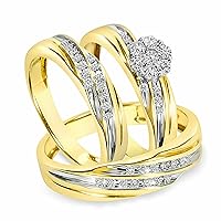 Round Cut White Diamond in 925 Sterling Silver 14K Yellow Gold Over Diamond Wedding Trio Ring Set for Him & Her