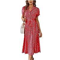 Milumia Women's Button Front Drawstring High Waist Short Sleeve A Line Midi Dress Red and White Dots XX-Large