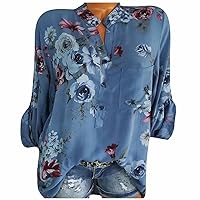 Women Boho Flower Button V Neck Long Sleeve Tops Summer Comfy Elegant Casual Loose Pullover Blouses for Streetwear