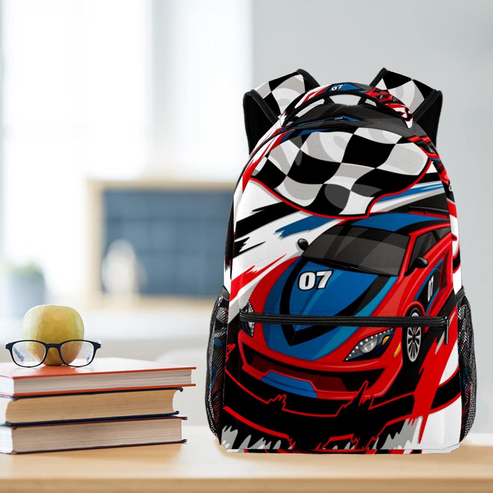 JAVENPROEQT Speeding Racing Car With Checkered Flag Race Track Casual School Backpack For Teen Girls Boys, Shoulder Bag For Men Women