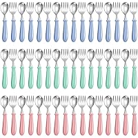 48 Pcs Toddler Utensils Bulk Kids Silverware Stainless Steel Forks and Spoons Safe Toddler Flatware Sets Metal Kids Cutlery with Round Thick Grip Handles for Self Feeding, Dishwasher Safe