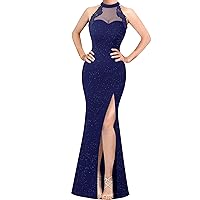 VFSHOW Womens Formal Sexy Halter High Slit Prom Wedding Guest Maxi Dress 2023 Illusion Sweetheart Neckline Evening Long Gown