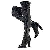 Sparkly Thigh High Boots for Women Sexy Sequin Over The Knee High Boots Party Prom Open Toe Chunky High Heels