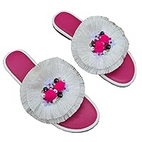Glamorous Stylish Pink Flip Flop Sandals Ethnic Fringe Leather Footwear For Women By MODOEDEN