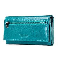 CONTACTS Bifold Wallets for Women | Genuine Leather Ladies Clutch/Wallet with RFID Protection | Slim Zipper Purse/Card Holder Organizer for Women…, 09-TEAL BLUE, RFID