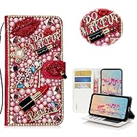 STENES Bling Wallet Phone Case Compatible with iPhone 13 Pro Max 6.7 inch 2021 Case - Stylish - 3D Handmade Girls Lipstick High Heel Flowers Magnetic Wallet Stand Leather Cover Case - Red