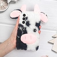 LUVI 3D Cute Compatible with Galaxy S24 Plus Case Plush Furry Fuzzy for Women Fuzzy Fluffy Cartoon Cow Fur Hair Girly Protection Cover for Galaxy S24 Plus Phone Case Black