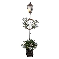 Nearly Natural 5ft. Holiday Pre-lit Decorated Lamp Post with Artificial Christmas Greenery, Decorative Container and 50 LED Lights Indoor Outdoor Patio Porch Decor