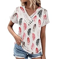 Womens Short Sleeve Henley Tops,Womens Tops Summer Button Solid Color Ruched Short Sleeve Loose Shirts Basic Dressy Blouse Ladies 2024 Outfits Oversized Tshirts for Women