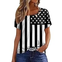 American Flag 4Th of July Tops for Women 2024 Casual Stars and Stripes Print Button Boat Neck Short Sleeve Tee Clothing