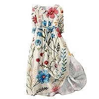 Women's Dresses 2024 Fashion Vintage Floral Print Lapel Button Three Quarter Sleeves Strappy Dress, S-3XL