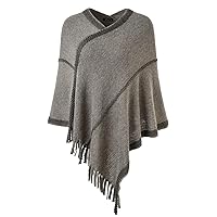 Women's Striped Poncho Sweater Soft Wrap Shawl with Fringes
