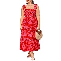 Women's Plus Size Summer Spaghetti Strap Maxi 2024 Beach Square Neck Smocked Long Flowy Tiered Dress