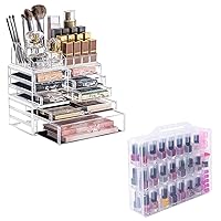 Makeup Organizer 3 Pieces Acrylic Cosmetic Storage Drawers Organizer for Vanity, Gel Nail Polish Organizer Case for 48 Bottles, Double Side Holder with Adjustable Dividers