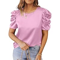 PRETTYGARDEN Womens Puff Short Sleeve Tops Summer 2023 Satin Loose Fit Tunic Dressy Casual Blouses
