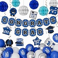 2024 Congrats Grad Party Decorations Navy Blue Banner Spiral Pendant Printed Grad Latex Balloons Royal Blue Light Blue White Honeycomb Ball for Graduation High School and College Home Party