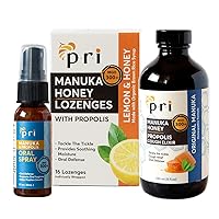 PRI's Essential Cold Fighting Bundle: PRI Propolis Throat Spray (1oz), PRI Manuka Honey & Propolis Cough Syrup (Original Flavor, 8oz) and PRI Manuka Honey & Propolis Lozenges
