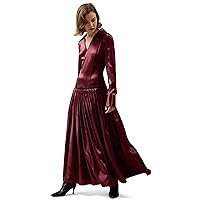 LilySilk Villemajou Long Pleated Silk Maxi Shirt Dress for Women 100% 22 Momme Mulberry Silk Vintage Style Evening Dress