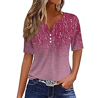 Womens Summer Tops T Shirt Tee Print Button Short Sleeve Daily Weekend Basic V- Neck Regular Top