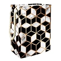 Golden Line Geometric Pattern Black White Laundry Hamper With Handles Large Collapsible Basket For Storage Bin, Kids Room, Home Organizer, Cloth Storage, 19.3x11.8x15.9 In