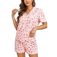 DOBREVA Women's Cotton Pajama Sets Notch Collar Short Sleeve and Shorts Button Down Loungewear Sleepwear 2 Piece