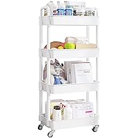 4-Tier Rolling Utility Cart with 12 Category Labels,Multifunctional Storage Shelves with Handle and Lockable Wheels for Room,Office,Kitchen,Bathroom,White