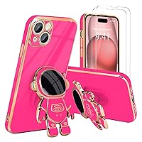 for iPhone 15 Plus Case, Cute 3D Astronaut Stand with [2 Screen Protector] [Camera Protection] Kickstand Shockproof Bling Silicone Soft Cover for Apple iPhone 15 Plus Phone Case, Hot Pink