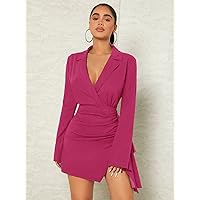 Women's Dress Lapel Collar Wrap Hem Dress (Color : Hot Pink, Size : Medium)