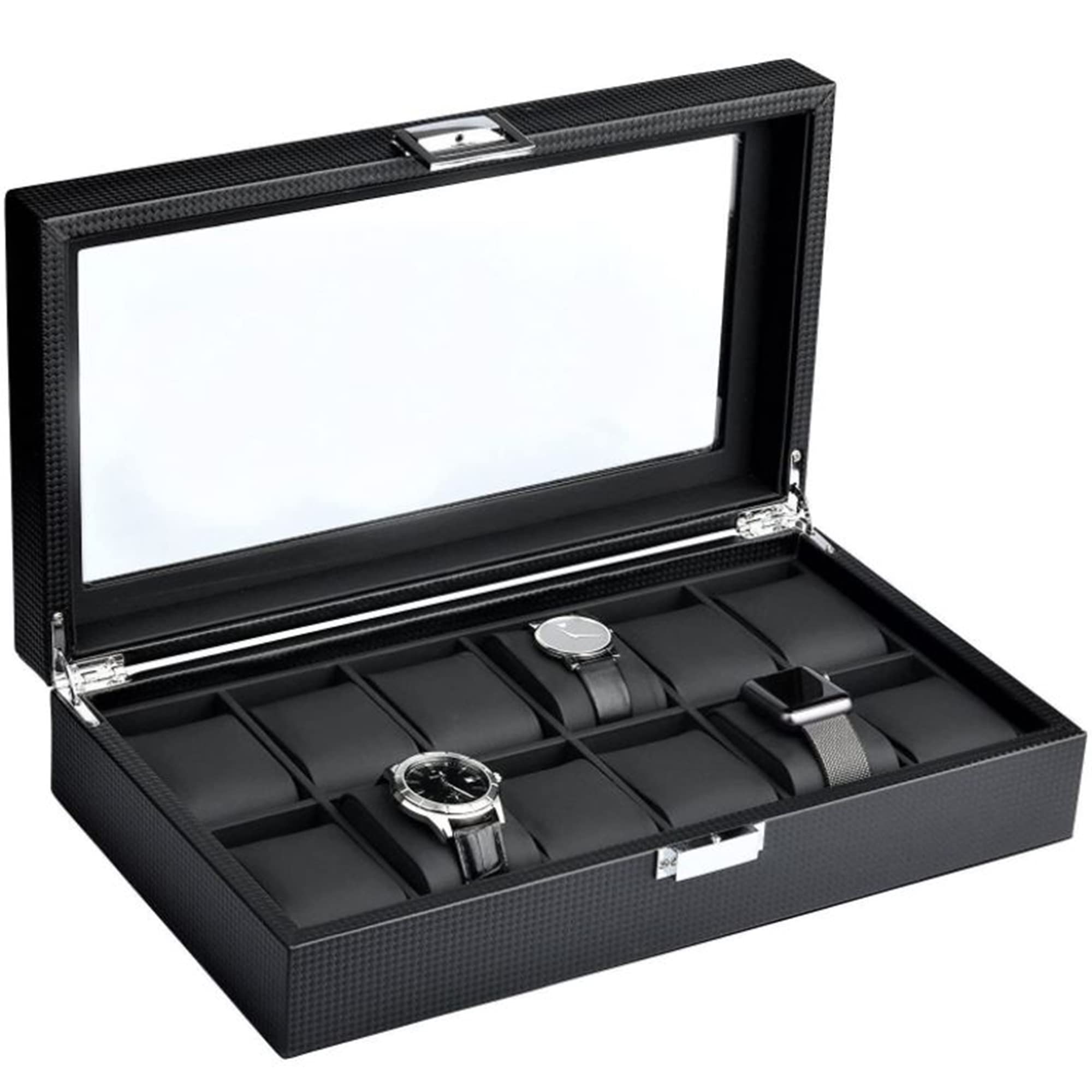 Mantello Watch Box - 12 Slot Watch Cases for Men- Watch Case with Large Glass Top - Watch Box Organizer for Men (Black)