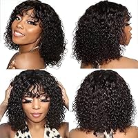 Water Wave Human Hair Wigs with Bangs Short Curly Bob None Lace Front Wigs for Black Women 150% Density Brazilian Virgin Human Hair Full Machine Made Wig Natural Color #1B 10inch