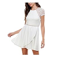 Womens Ivory Zippered Sheer Lace Sleeves,lace Bodice; Short Sleeve Crew Neck Above The Knee Evening A-Line Dress Juniors 5