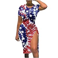 4th of July Dress Women American Flag Patriotic Dresses Sexy Short Sleeve Drawstring Side Split Bodycon Ruched Midi Dress