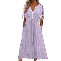 Womens Boho Maxi Dress Summer V Neck Button Tie Short Sleeve Dress Eyelet Embroidery Pleated Solid Color Dresses