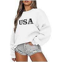 USA Sweatshirts for Women Letter Graphic Pullover Fleece Crewneck Shirts Winter Fall Tops Loose Fit Cropped Blouse