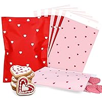 Whaline 100Pcs Valentine's Day Treat Bags Red Pink Self-Adhesive Paper Gift Bags Cute Heart Prints Goodies Candy Buffet Bags Holiday Cookie Bag for Wedding Mother's Day Party Supplies