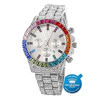 Halukakah Gold Watch Diamonds Multicoloured, Men's 18K Real Gold/Rose Gold/Platinum Plated White Gold 40 mm Wide White Dial Quartz with Cuban Chain Necklace Bracelet, Free Gift Box, platinum watch,