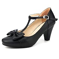 Women Vintage Bow Shoes Block Black High Heels Mary Janes Closed Toe T-Strap Pumps Comfort Rockabilly Shoes